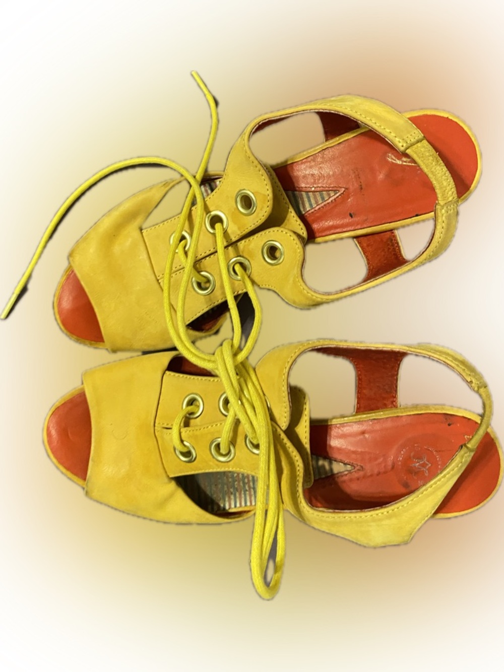 Johnston & Murphy Yellow -Orange Lace-Up Peep-Toe Heels